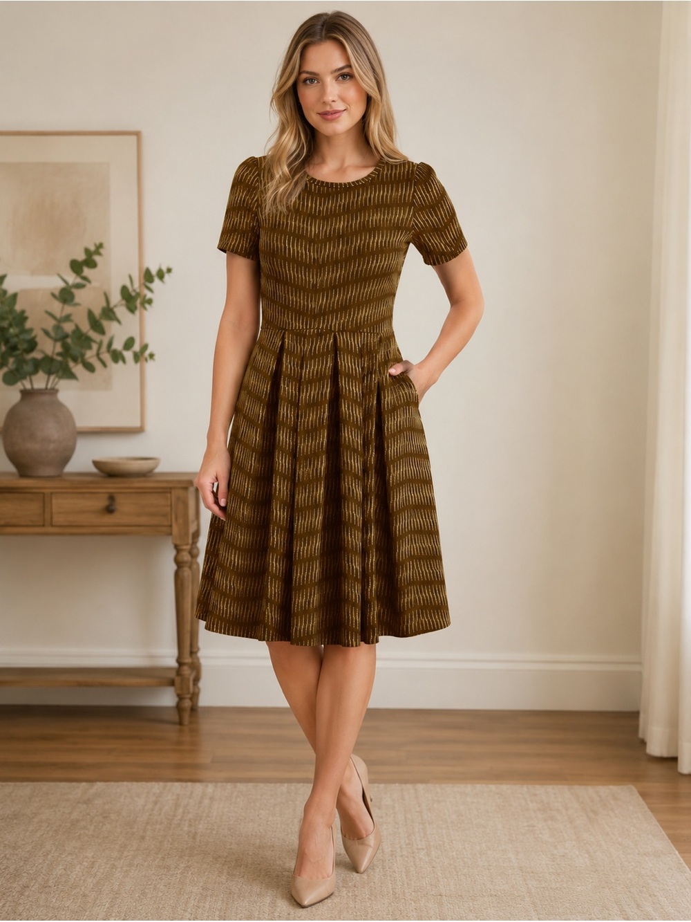 LuLaRoe Amelia Dress XXS Brown Gold Stripe Fit & Flare Zipper Back NWT